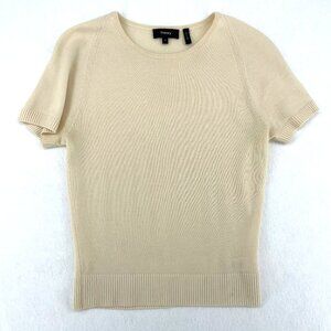 Theory Kohan Refine Short Sleeve Sweater Small Cream 100% Merino Wool Minimalist
